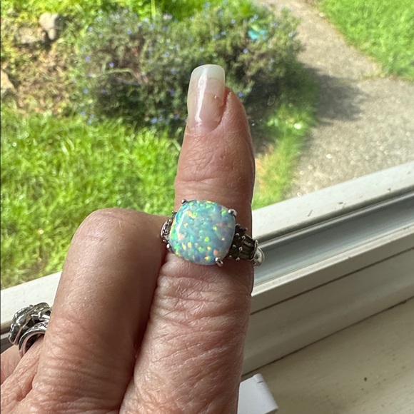 Sterling Silver Lab Opal & White Sapphire Cocktail Ring – Size 6 - Picture 8 of 8